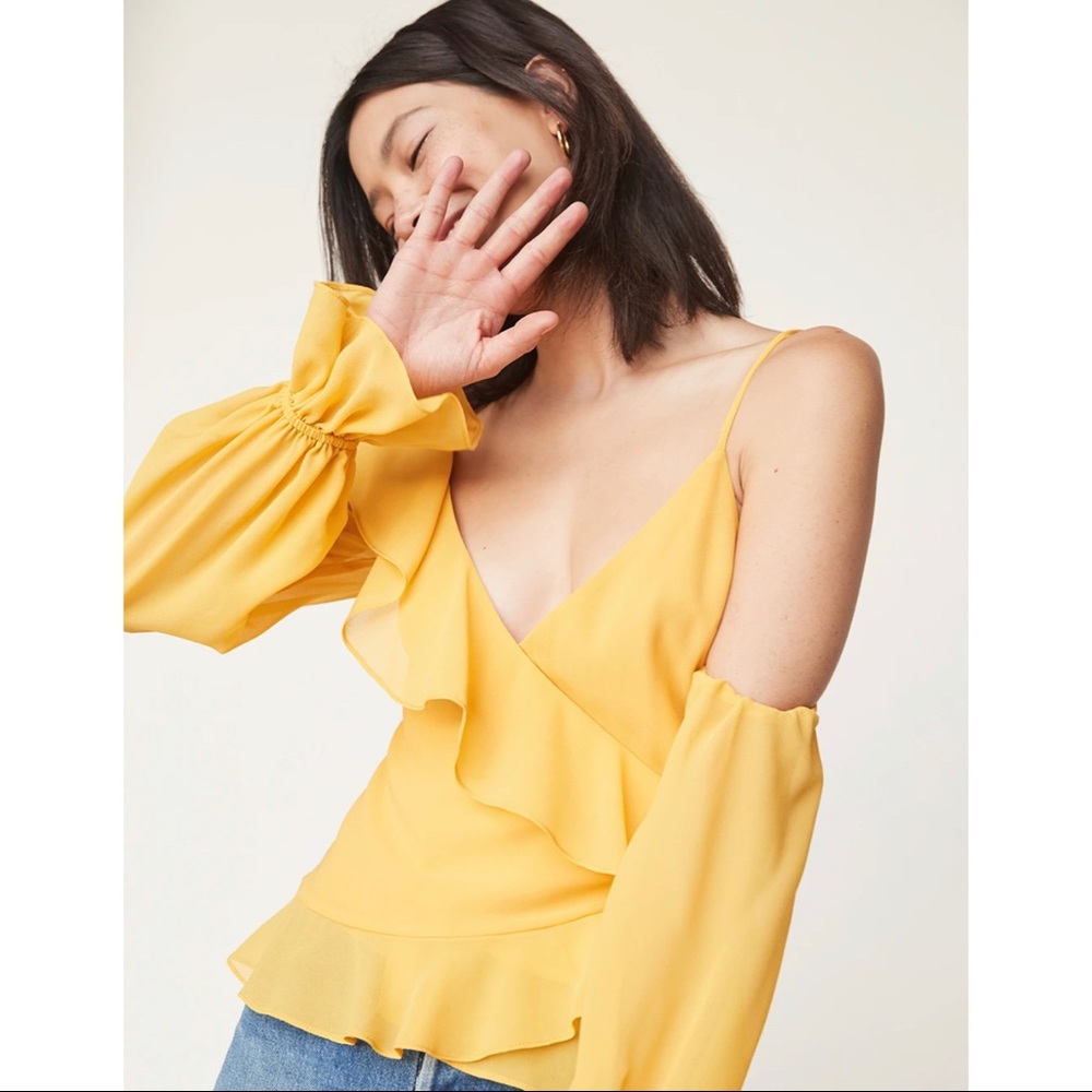 LPA YELLOW Asymmetrical Ruffle Wrap Top Small
